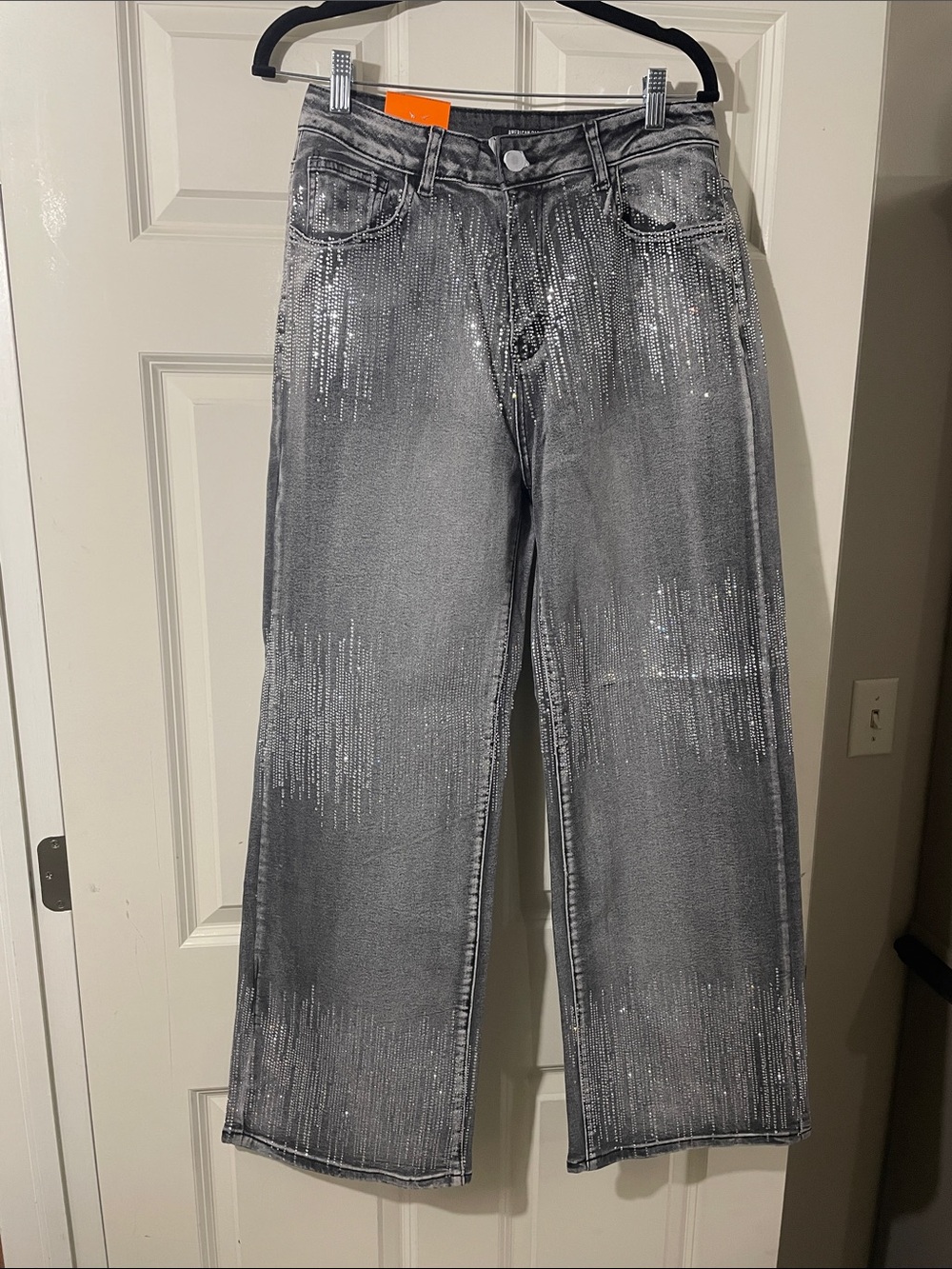 Women’s Gray Wash Jeans with Silver Metallic Rhinestone Detail